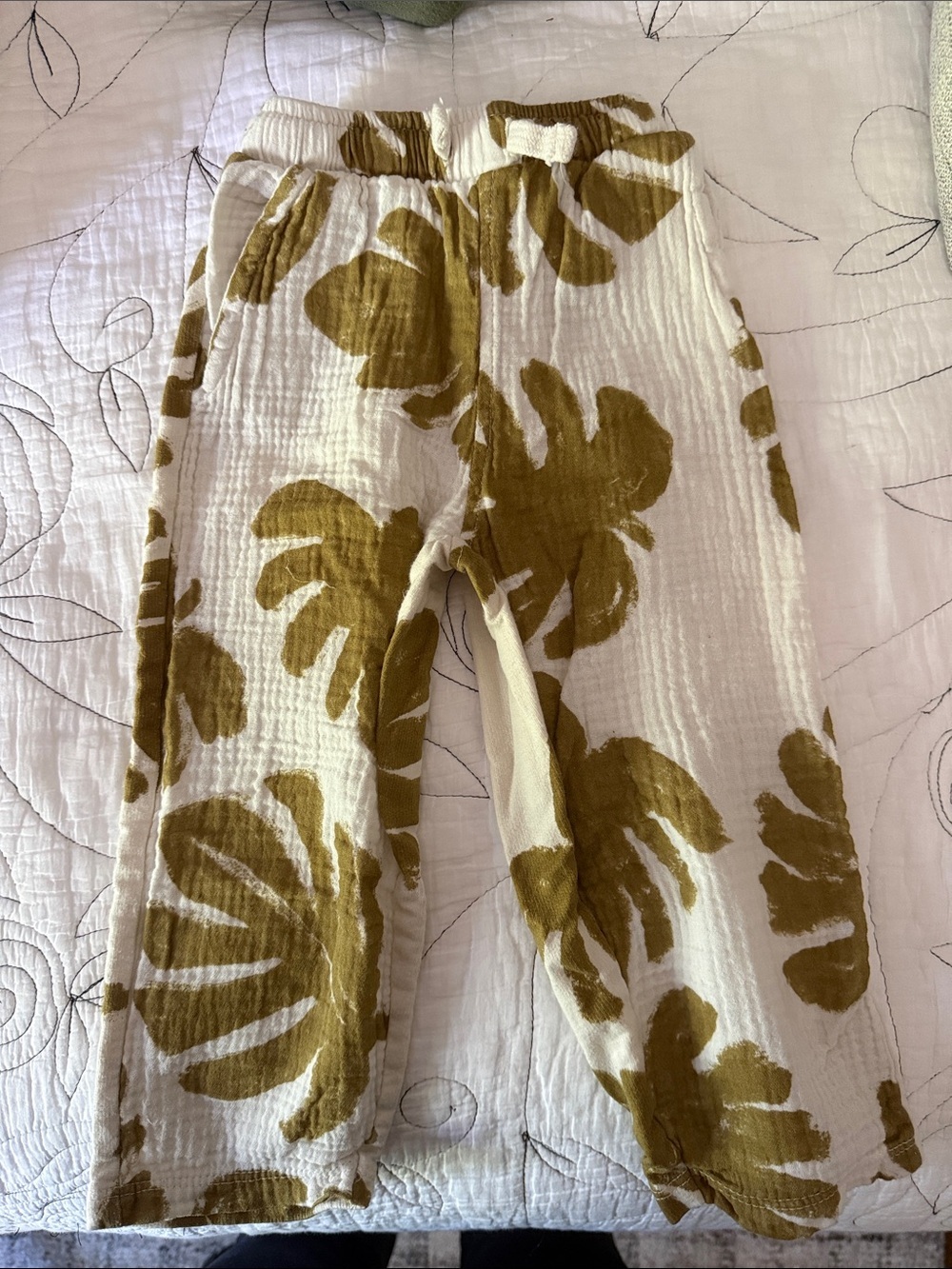 Zara White Cotton Gauze Pants with Green Leaf Print